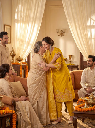 Kuhu Mustard Hand Zari Dori & Resham Thread Embroidered Suit Set with Sequin Detailing and Jacquard Dupatta in Pure Muslin with Soft Cotton Mul Lining