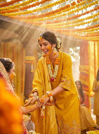 Kuhu Mustard Hand Zari Dori & Resham Thread Embroidered Suit Set with Sequin Detailing and Jacquard Dupatta in Pure Muslin with Soft Cotton Mul Lining