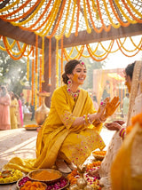 Kuhu Mustard Hand Zari Dori & Resham Thread Embroidered Suit Set with Sequin Detailing and Jacquard Dupatta in Pure Muslin with Soft Cotton Mul Lining