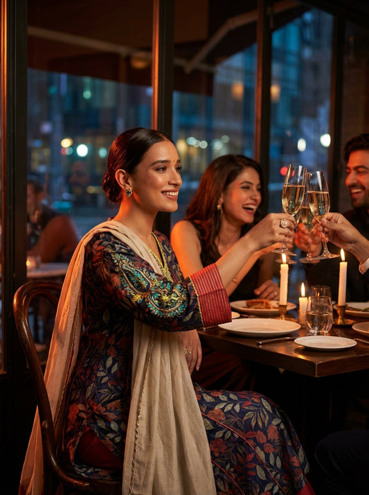 Rashmi Navy Multi-Color Hand Embroidered & Hand Embellished Suit Set with Zari, Dabka, Bead and Sequins Work in Chanderi Silk with Pure Cotton Mul Lining