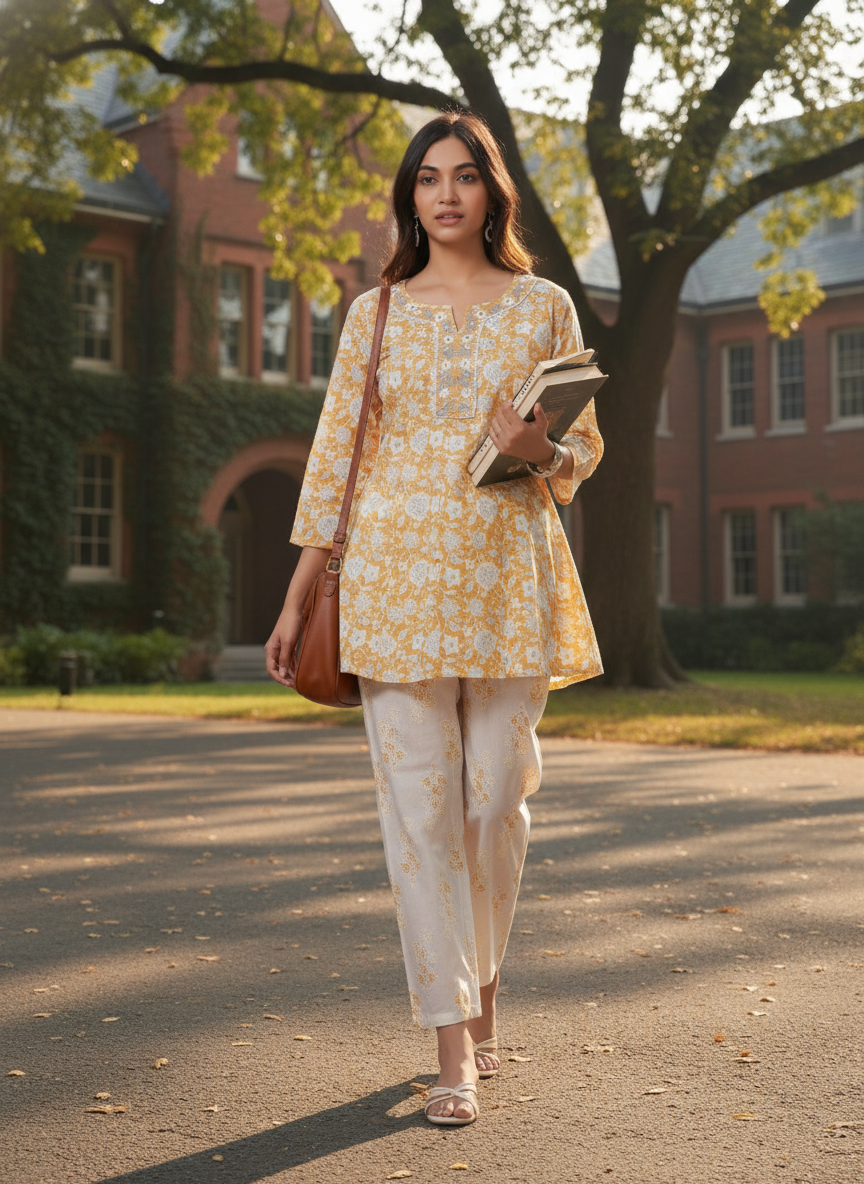Chaya Off White Pure Cotton Floral Printed Co-Ord Set with Embroidered Neckline