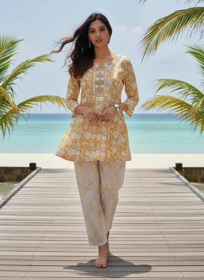 Chaya Off White Pure Cotton Floral Printed Co-Ord Set with Embroidered Neckline