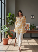 Chaya Off White Pure Cotton Floral Printed Co-Ord Set with Embroidered Neckline