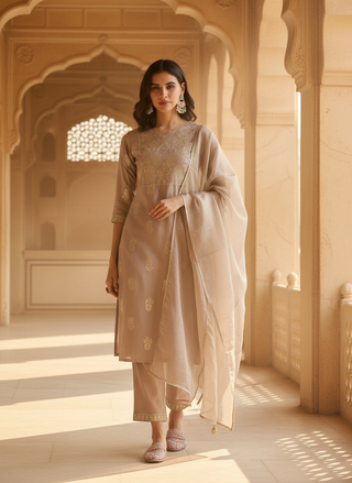 Mocha Mousse Chanderi Silk Kurta Set with Zari Resham Embroidered Yoke and Gold Foil Floral Print with Dupatta