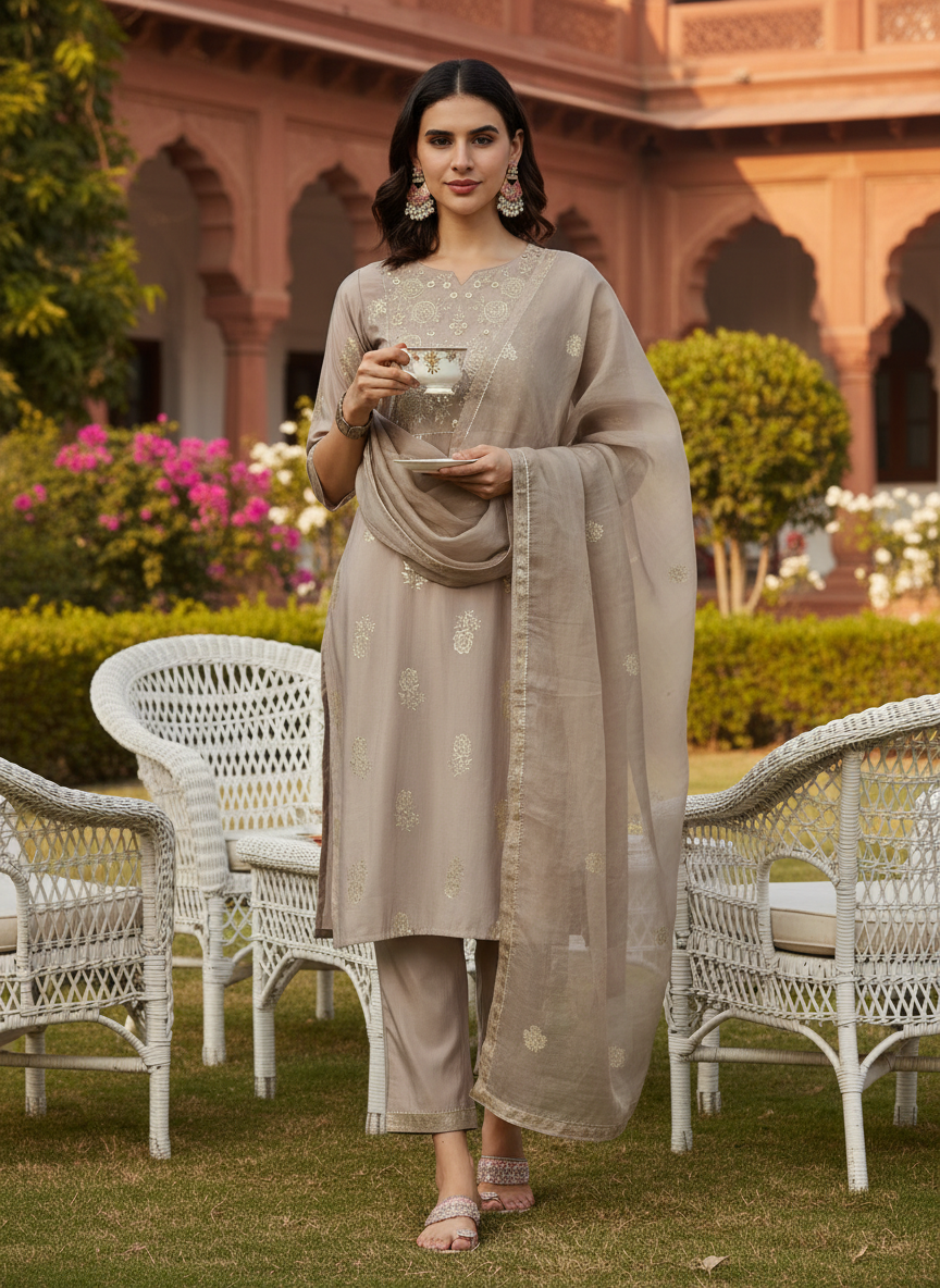 Mocha Mousse Chanderi Silk Kurta Set with Zari Resham Embroidered Yoke and Gold Foil Floral Print with Dupatta