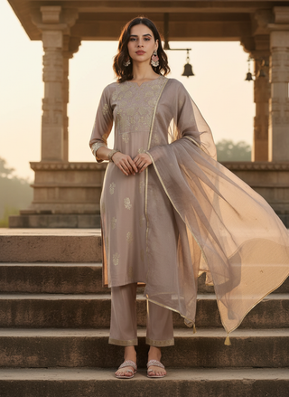 Mocha Mousse Chanderi Silk Kurta Set with Zari Resham Embroidered Yoke and Gold Foil Floral Print with Dupatta
