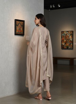 Mocha Mousse Chanderi Silk Kurta Set with Zari Resham Embroidered Yoke and Gold Foil Floral Print with Dupatta