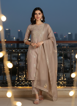 Mocha Mousse Chanderi Silk Kurta Set with Zari Resham Embroidered Yoke and Gold Foil Floral Print with Dupatta