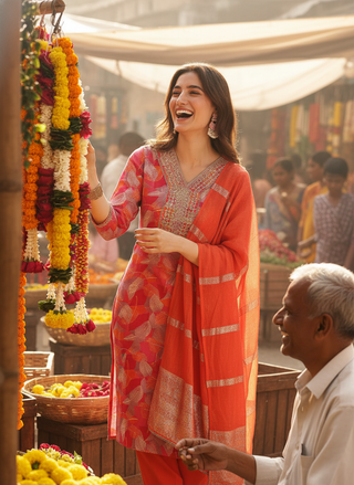Darshita Fuchsia Printed Kurta Set with Zari & Resham Embroidered Neckline and Jacquard Dupatta in Viscose