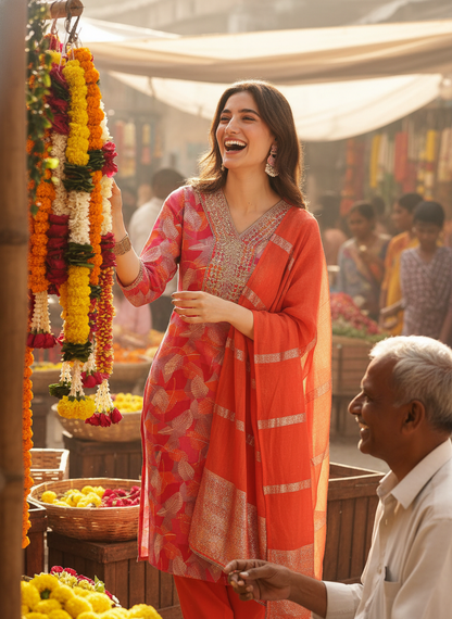 Darshita Fuchsia Printed Kurta Set with Zari & Resham Embroidered Neckline and Jacquard Dupatta in Viscose