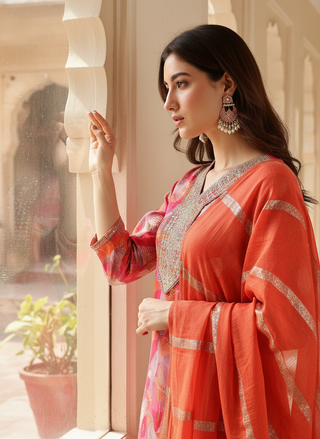 Darshita Fuchsia Printed Kurta Set with Zari & Resham Embroidered Neckline and Jacquard Dupatta in Viscose