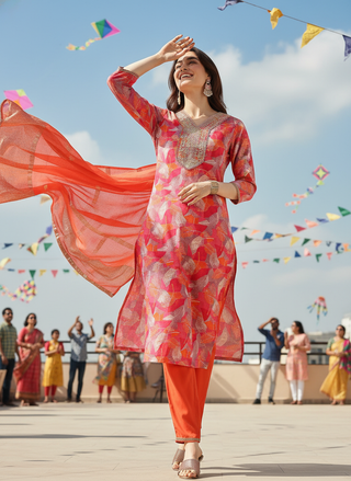 Darshita Fuchsia Printed Kurta Set with Zari & Resham Embroidered Neckline and Jacquard Dupatta in Viscose