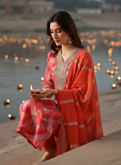 Darshita Fuchsia Printed Kurta Set with Zari & Resham Embroidered Neckline and Jacquard Dupatta in Viscose