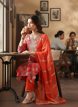 Darshita Fuchsia Printed Kurta Set with Zari & Resham Embroidered Neckline and Jacquard Dupatta in Viscose