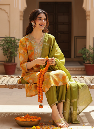 Darshita Mustard Printed Kurta Set with Zari & Resham Embroidered Neckline and Jacquard Dupatta in Viscose