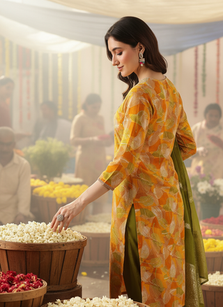 Darshita Mustard Printed Kurta Set with Zari & Resham Embroidered Neckline and Jacquard Dupatta in Viscose