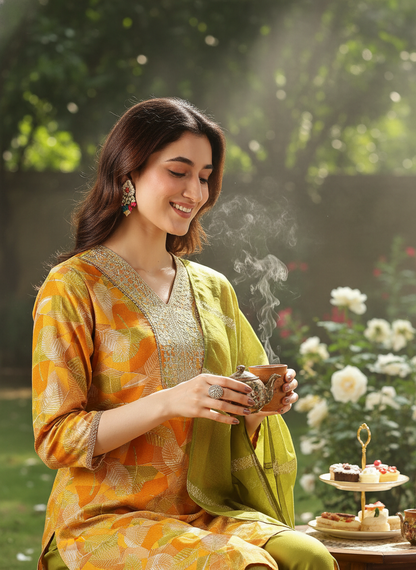 Darshita Mustard Printed Kurta Set with Zari & Resham Embroidered Neckline and Jacquard Dupatta in Viscose
