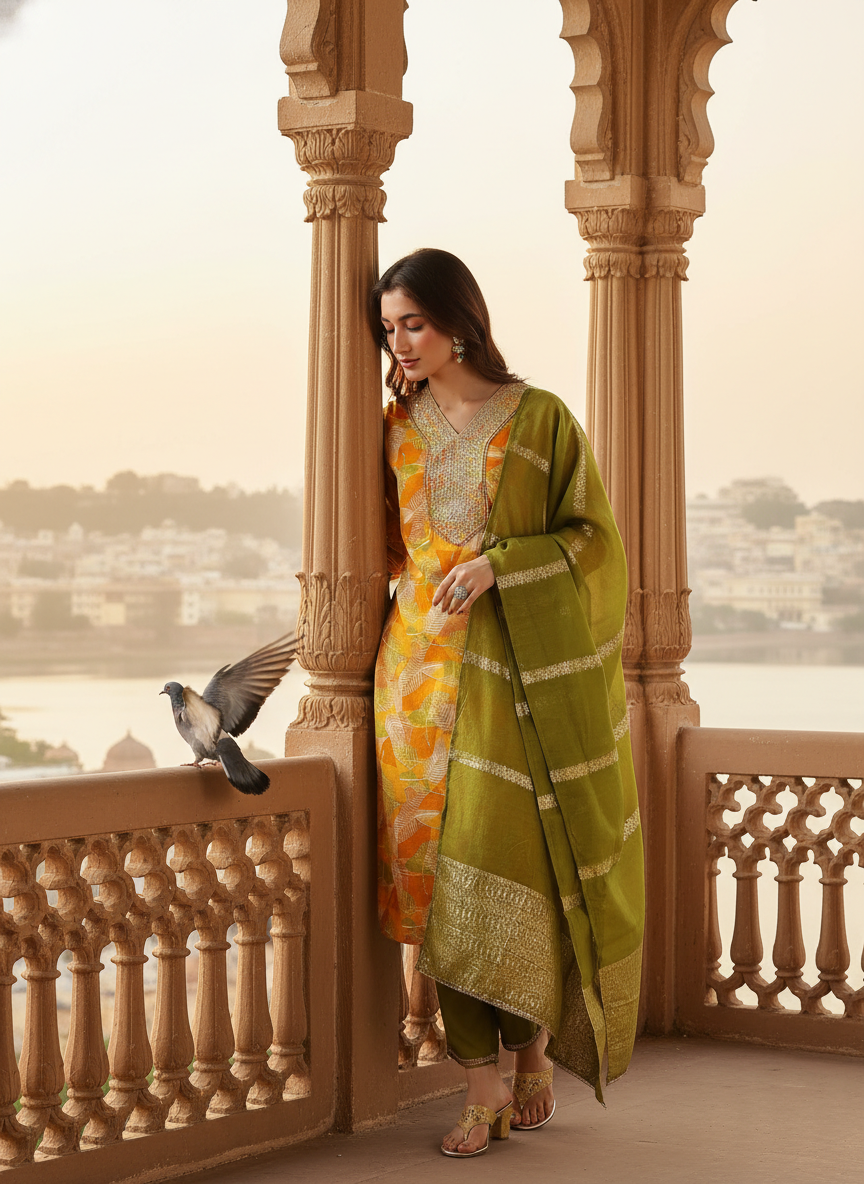 Darshita Mustard Printed Kurta Set with Zari & Resham Embroidered Neckline and Jacquard Dupatta in Viscose