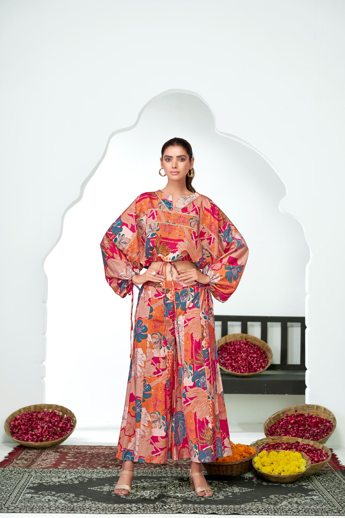 Anushree Pink Tropical Print Modal Chanderi Co-Ord Set with Tie-Up Blouson Top and Lace Accents