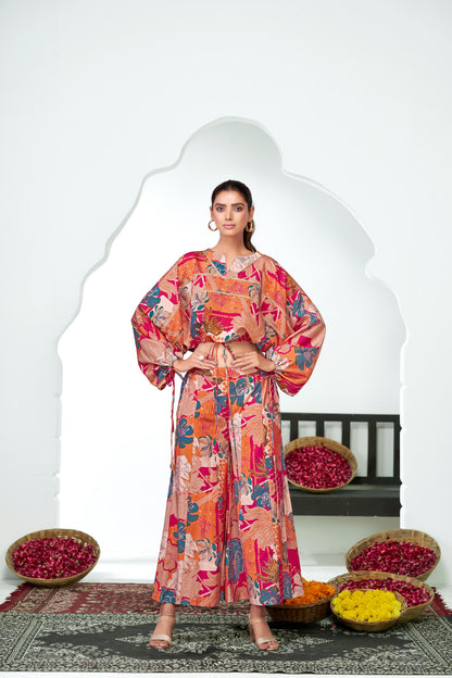 Anushree Pink Tropical Print Modal Chanderi Co-Ord Set with Tie-Up Blouson Top and Lace Accents
