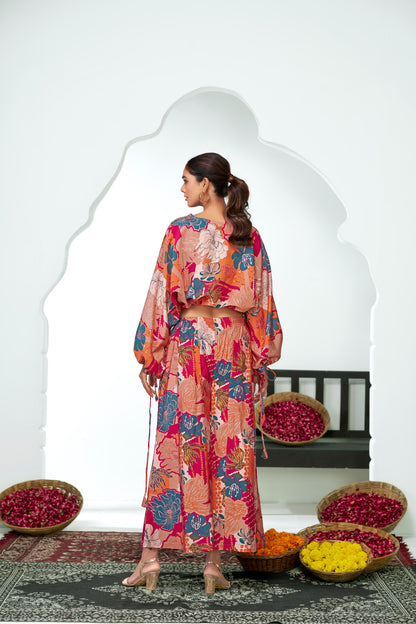 Anushree Pink Tropical Print Modal Chanderi Co-Ord Set with Tie-Up Blouson Top and Lace Accents