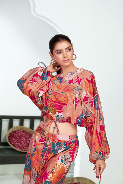Anushree Pink Tropical Print Modal Chanderi Co-Ord Set with Tie-Up Blouson Top and Lace Accents