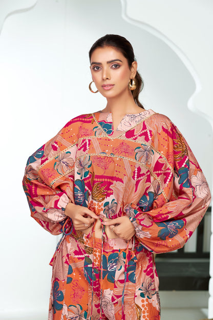 Anushree Pink Tropical Print Modal Chanderi Co-Ord Set with Tie-Up Blouson Top and Lace Accents