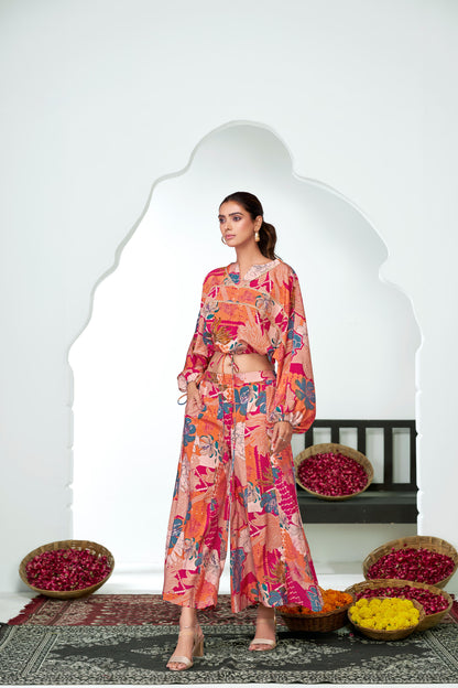 Anushree Pink Tropical Print Modal Chanderi Co-Ord Set with Tie-Up Blouson Top and Lace Accents