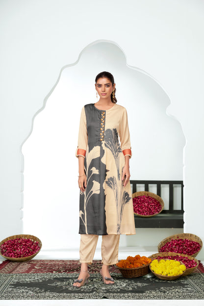Arwa Black & Beige Panelled Floral Printed Kurta Set with Hand Embellished Bugle & Sequin Placket in Satin Silk with Cotton Mul Lining
