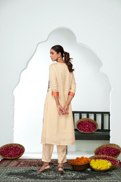 Arwa Black & Beige Panelled Floral Printed Kurta Set with Hand Embellished Bugle & Sequin Placket in Satin Silk with Cotton Mul Lining