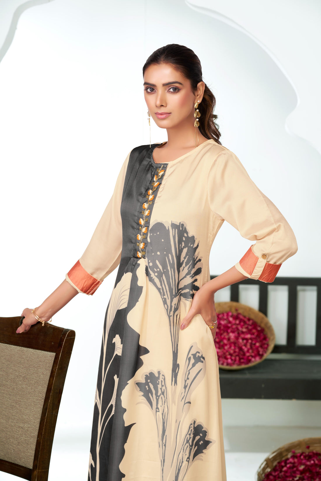 Arwa Black & Beige Panelled Floral Printed Kurta Set with Hand Embellished Bugle & Sequin Placket in Satin Silk with Cotton Mul Lining