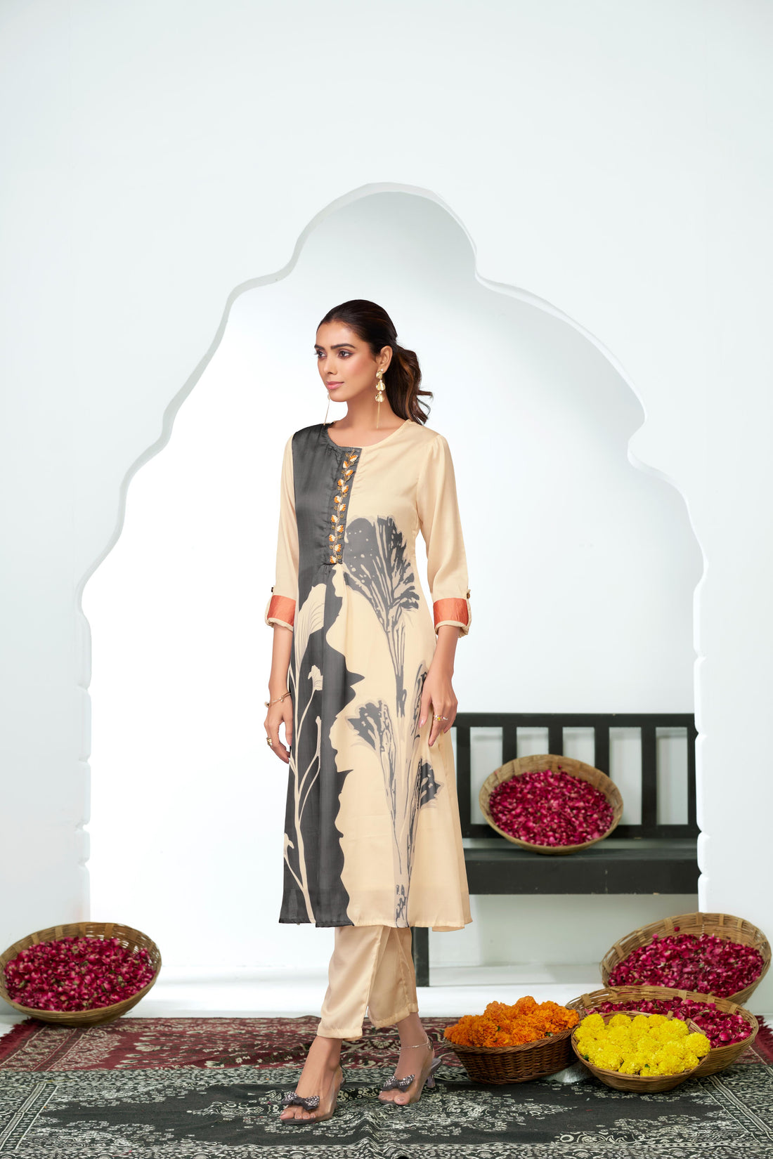 Arwa Black & Beige Panelled Floral Printed Kurta Set with Hand Embellished Bugle & Sequin Placket in Satin Silk with Cotton Mul Lining
