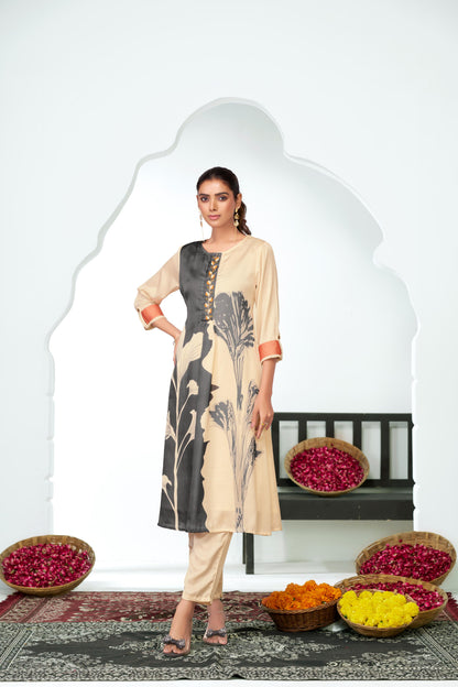 Arwa Black & Beige Panelled Floral Printed Kurta Set with Hand Embellished Bugle & Sequin Placket in Satin Silk with Cotton Mul Lining