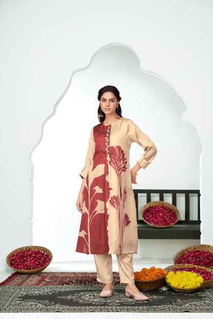 Arwa Brown & Beige Panelled Floral Printed Kurta Set with Hand Embellished Bugle & Sequin Placket in Satin Silk with Cotton Mul Lining