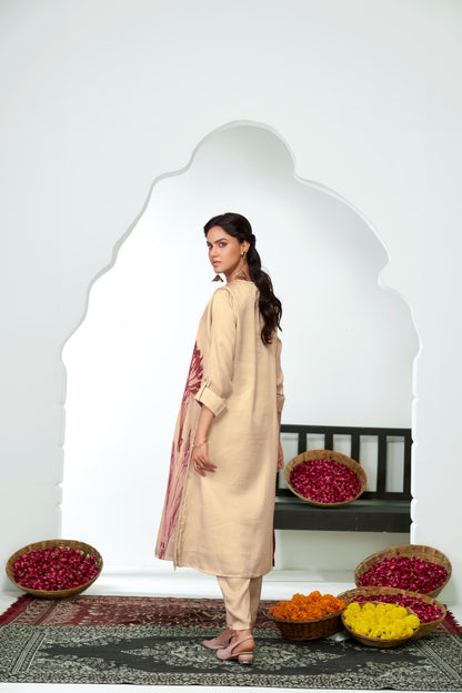 Arwa Brown & Beige Panelled Floral Printed Kurta Set with Hand Embellished Bugle & Sequin Placket in Satin Silk with Cotton Mul Lining