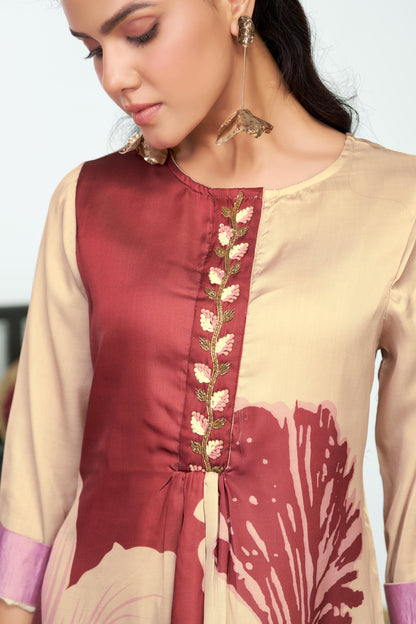 Arwa Brown & Beige Panelled Floral Printed Kurta Set with Hand Embellished Bugle & Sequin Placket in Satin Silk with Cotton Mul Lining