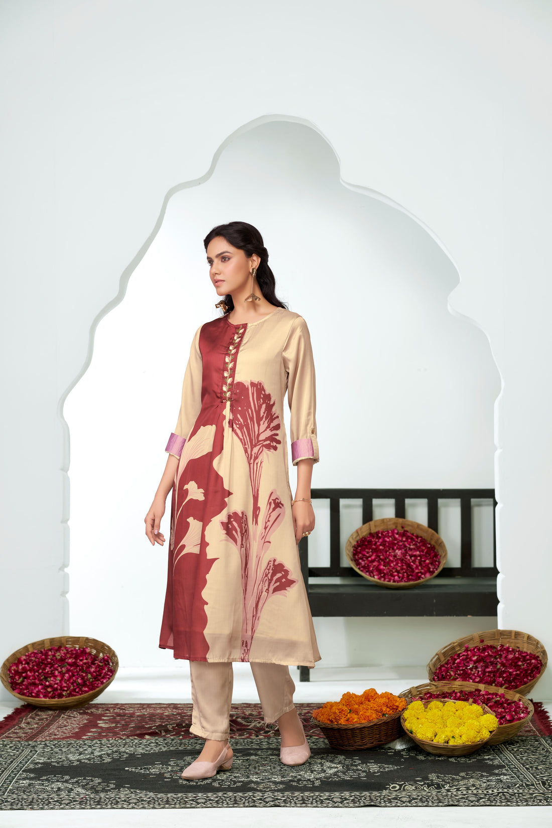 Arwa Brown & Beige Panelled Floral Printed Kurta Set with Hand Embellished Bugle & Sequin Placket in Satin Silk with Cotton Mul Lining