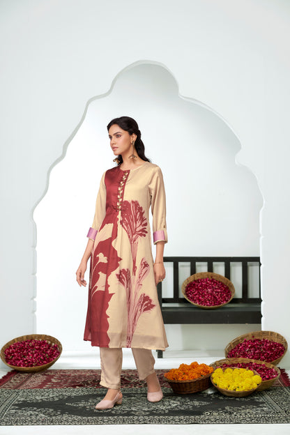 Arwa Brown & Beige Panelled Floral Printed Kurta Set with Hand Embellished Bugle & Sequin Placket in Satin Silk with Cotton Mul Lining
