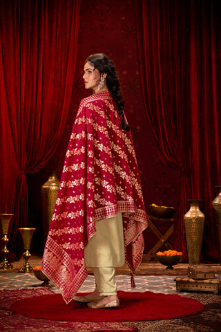 Gayatri Beige Hand Thread Embroidered Suit Set with Glass Bugle Beads & Sequin Work with Jacquard Dupatta in Pure Muslin with Pure Cotton Mul Lining