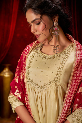 Gayatri Beige Hand Thread Embroidered Suit Set with Glass Bugle Beads & Sequin Work with Jacquard Dupatta in Pure Muslin with Pure Cotton Mul Lining