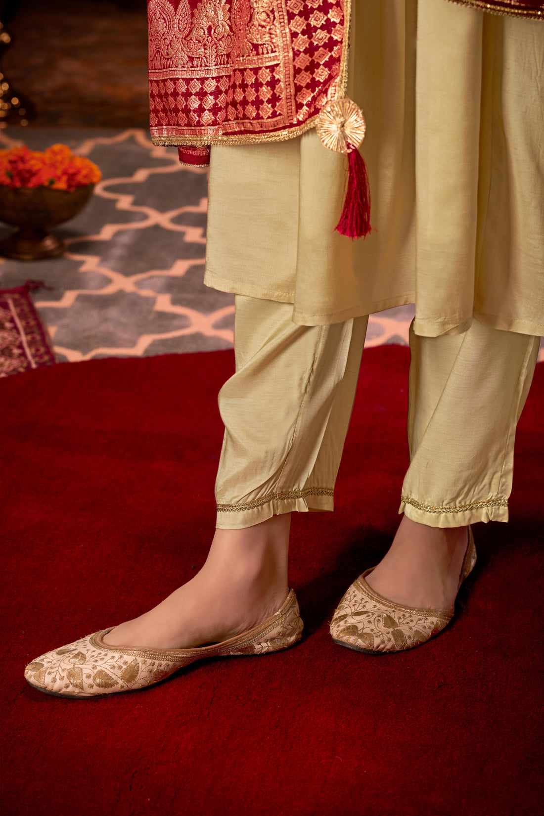 Gayatri Beige Hand Thread Embroidered Suit Set with Glass Bugle Beads & Sequin Work with Jacquard Dupatta in Pure Muslin with Pure Cotton Mul Lining