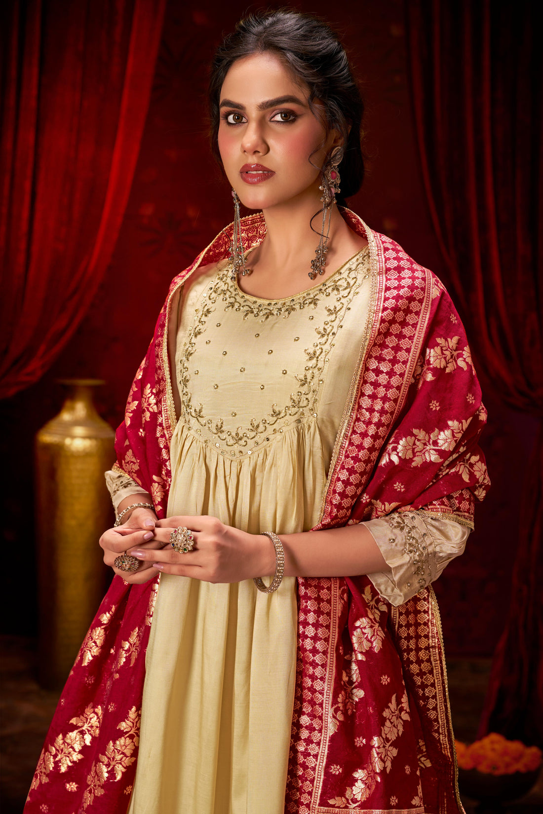 Gayatri Beige Hand Thread Embroidered Suit Set with Glass Bugle Beads & Sequin Work with Jacquard Dupatta in Pure Muslin with Pure Cotton Mul Lining