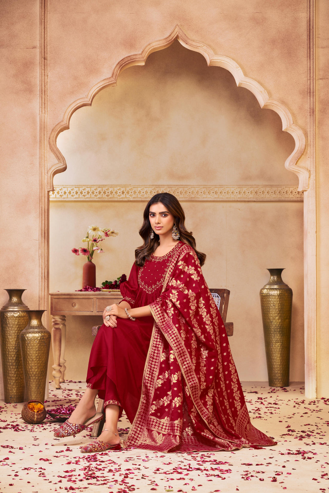 Gayatri Red Hand Thread Embroidered Suit Set with Glass Bugle Beads & Sequin Work with Jacquard Dupatta in Pure Muslin with Pure Cotton Mul Lining