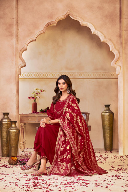 Gayatri Red Hand Thread Embroidered Suit Set with Glass Bugle Beads & Sequin Work with Jacquard Dupatta in Pure Muslin with Pure Cotton Mul Lining