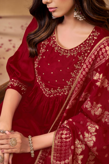 Gayatri Red Hand Thread Embroidered Suit Set with Glass Bugle Beads & Sequin Work with Jacquard Dupatta in Pure Muslin with Pure Cotton Mul Lining