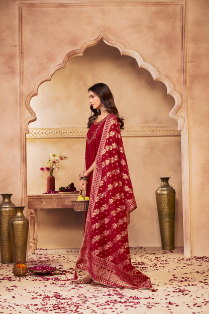 Gayatri Red Hand Thread Embroidered Suit Set with Glass Bugle Beads & Sequin Work with Jacquard Dupatta in Pure Muslin with Pure Cotton Mul Lining