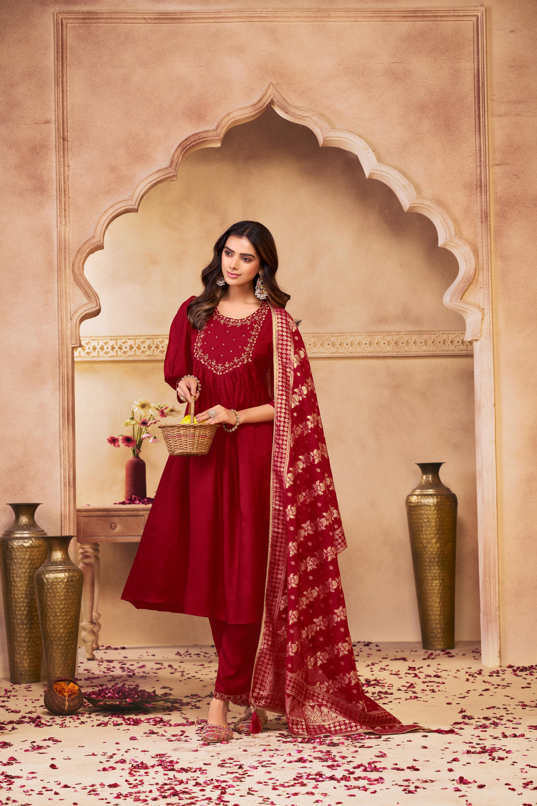 Gayatri Red Hand Thread Embroidered Suit Set with Glass Bugle Beads & Sequin Work with Jacquard Dupatta in Pure Muslin with Pure Cotton Mul Lining