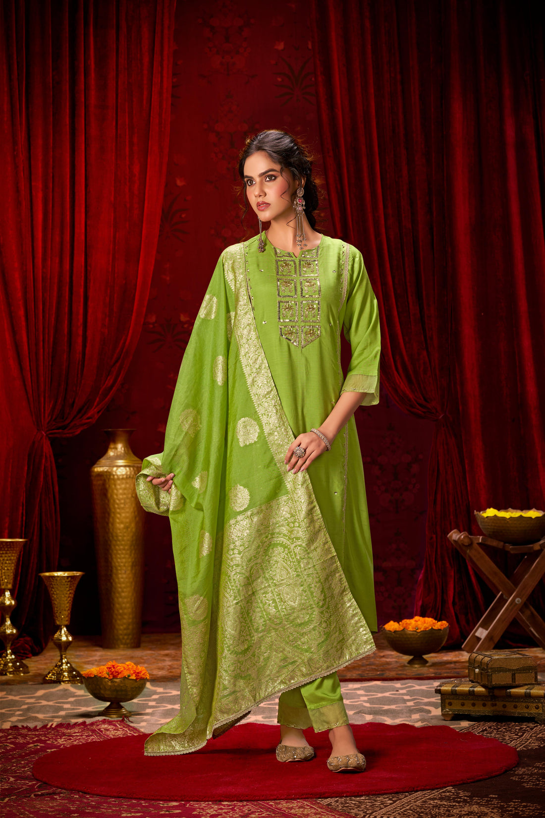Nafisa Green Hand-Embellished Sequin & Glass Bugle Bead Work Suit Set with Jacquard Dupatta in Pure Muslin with Soft Cotton Mul Lining