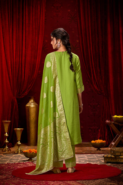 Nafisa Green Hand-Embellished Sequin & Glass Bugle Bead Work Suit Set with Jacquard Dupatta in Pure Muslin with Soft Cotton Mul Lining