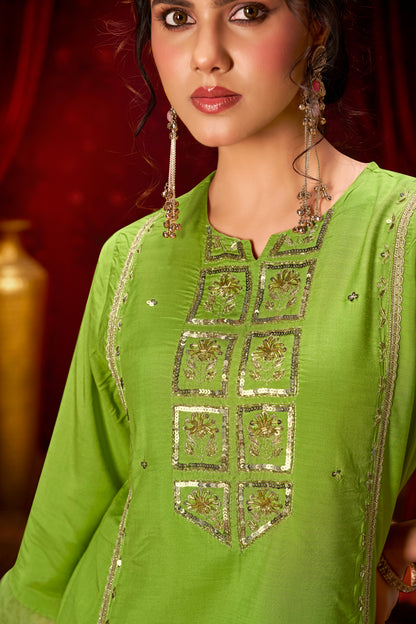 Nafisa Green Hand-Embellished Sequin & Glass Bugle Bead Work Suit Set with Jacquard Dupatta in Pure Muslin with Soft Cotton Mul Lining